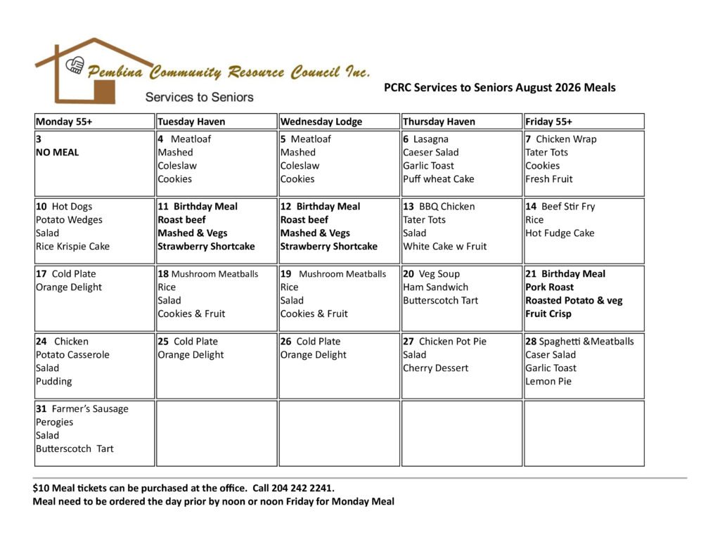 PCRC August Menu 2026